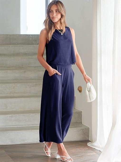 Barbora Linen Summer High Waist Capri Pants Back Detail Sleeveless Two Piece Set LN26LACI5  - Image 2