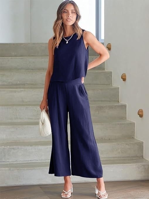 Barbora Linen Summer High Waist Capri Pants Back Detail Sleeveless Two Piece Set LN26LACI5  - Image 4