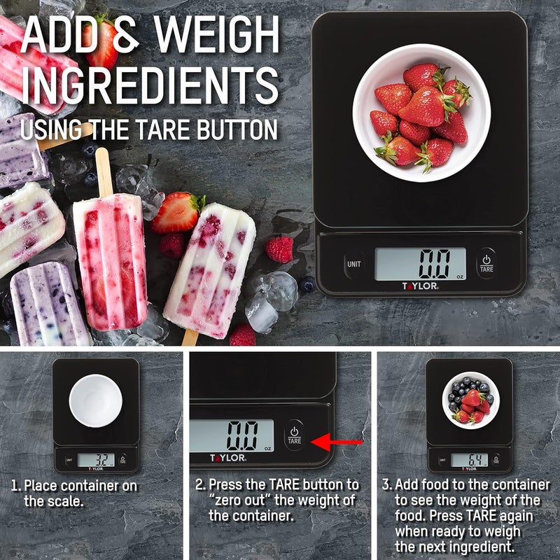Taylor Glass Top Food Scale with Touch Controls, 11 lb Capacity, Sleek Black Design for Precision Food Measurement in Grams and Ounces - Image 4