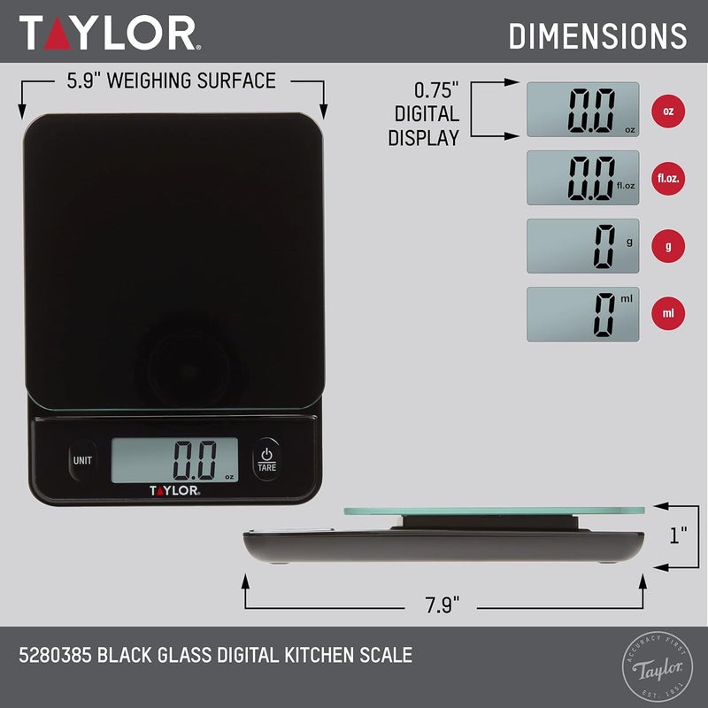 Taylor Glass Top Food Scale with Touch Controls, 11 lb Capacity, Sleek Black Design for Precision Food Measurement in Grams and Ounces - Image 3