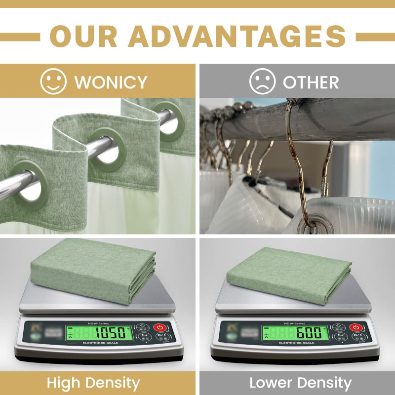 WONICY Extra Long No Hook Shower Curtain with Snap in Liner  Polyester Textured Shower Curtain with Liner Set  Waterproof Washable Hotel Style Shower Curtains for Bathroom  71Wx86H  Sage Green - Image 2