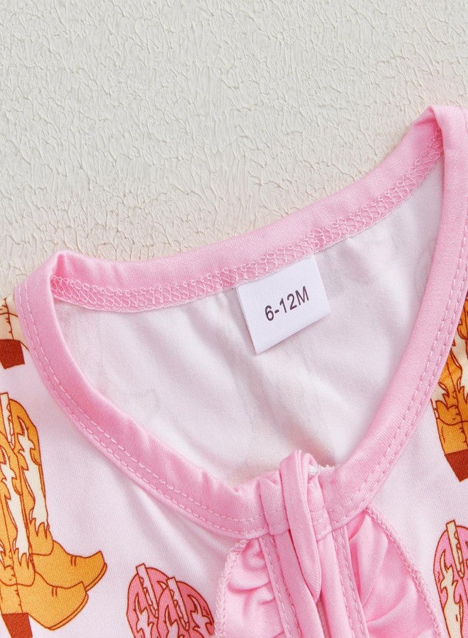 KMBANGI Newborn Baby Girl Western Outfits Ruffle Zipper Boots Footie Jumpsuit Long Sleeve One Piece Cowgirl Clothes 0-12M (Pink, 3-6 Months) - Image 5