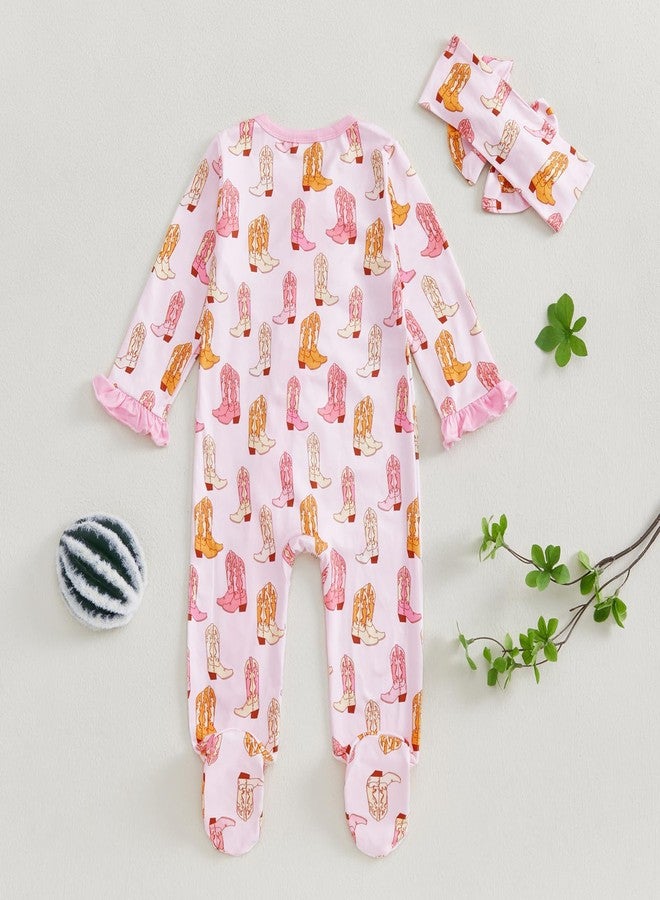 KMBANGI Newborn Baby Girl Western Outfits Ruffle Zipper Boots Footie Jumpsuit Long Sleeve One Piece Cowgirl Clothes 0-12M (Pink, 3-6 Months) - Image 4