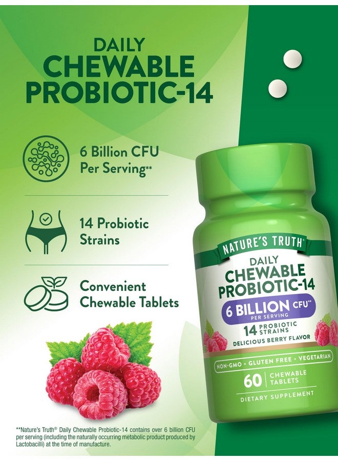 نايتشورز تروث ناتشرز تروث بروبيوتيك للمضغ للرجال والنساء | ٦ مليارات وحدة تشكيل مستعمرة | ٦٠ حبة | ١٤ سلالة | بنكهة التوت | غير معدل وراثيًا وخالٍ من الغلوتين - Image 5