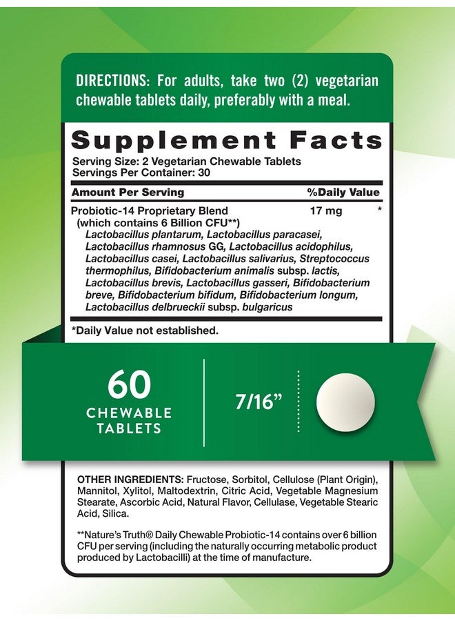 نايتشورز تروث ناتشرز تروث بروبيوتيك للمضغ للرجال والنساء | ٦ مليارات وحدة تشكيل مستعمرة | ٦٠ حبة | ١٤ سلالة | بنكهة التوت | غير معدل وراثيًا وخالٍ من الغلوتين - Image 2
