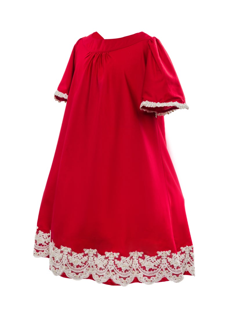 Queen TINA RED COTTON  WITH LACE Girls Party Dress, everyday Dress Party Wear Wedding Evening Formal Pageant Dance Gown for Birthday Kid Girls Elegant  - Image 1