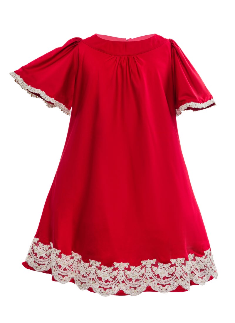 Queen TINA RED COTTON  WITH LACE Girls Party Dress, everyday Dress Party Wear Wedding Evening Formal Pageant Dance Gown for Birthday Kid Girls Elegant  - Image 2
