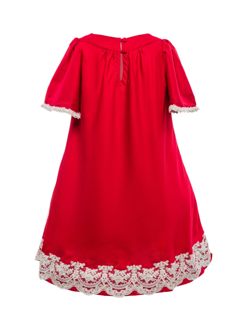 Queen TINA RED COTTON  WITH LACE Girls Party Dress, everyday Dress Party Wear Wedding Evening Formal Pageant Dance Gown for Birthday Kid Girls Elegant  - Image 4