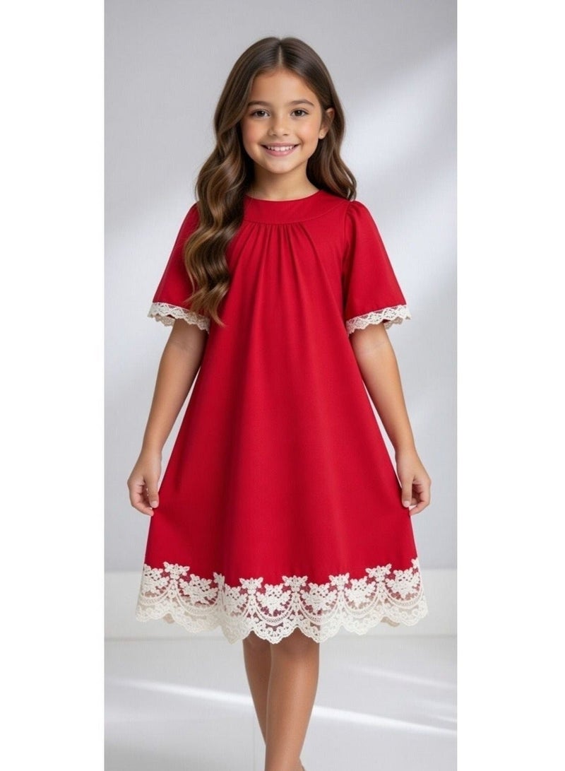 Queen TINA RED COTTON  WITH LACE Girls Party Dress, everyday Dress Party Wear Wedding Evening Formal Pageant Dance Gown for Birthday Kid Girls Elegant - Image 1