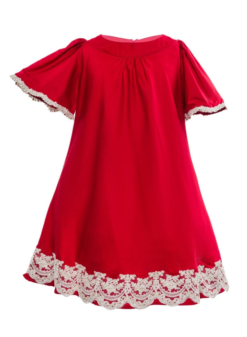 Queen TINA RED COTTON  WITH LACE Girls Party Dress, everyday Dress Party Wear Wedding Evening Formal Pageant Dance Gown for Birthday Kid Girls Elegant - Image 3