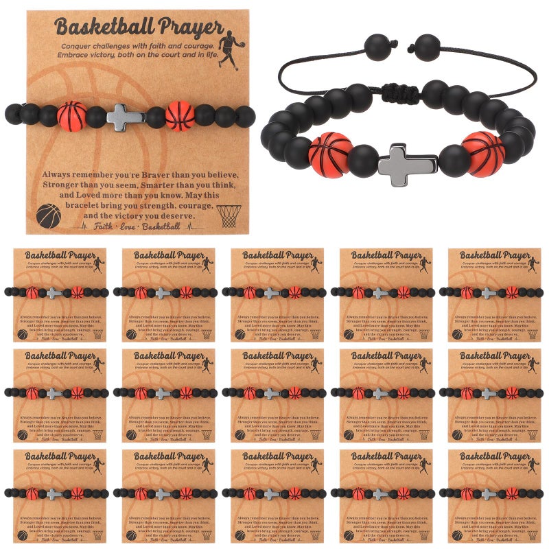 Misdary 15 Sets Basketball Bracelets Team Bulk Gifts Adjustable Beads Bracelets with Inspirational Cards Sports Charm Accessories for Women Men Adults Team Lovers Christmas Birthday Gifts - Image 1