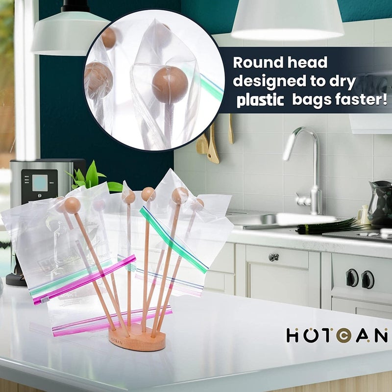 HOTCAN Beech Wood Plastic Bag Drying Rack - Reusable Bag & Bottle Dryer, Space-Saving Design for Kitchen, Easily Assembled and Disassembled for Storage - Image 3