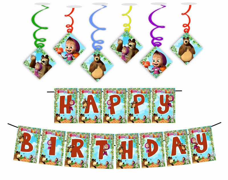 Balloonistics The Bear and Mesha Theme Happy Birthday Banner and Swirls Combo Kids Banner Hanging for Birthday Decoration Photo Shoot Backdrop and Theme Party (1 Nos Banner and 6 Swirls) - Image 1