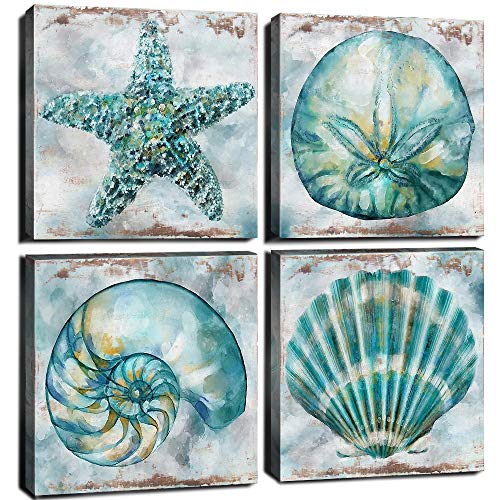 YOOOAHU Farmhouse Seashell Bathroom Decor Teal Blue Beach Starfish Wall Art Modern Rustic Coastal Artwork for Walls Watercolor Aqua Sea Conch Shells Pictures Canvas Print Bedroom Kitchen Decorations 12x12" 4P - Image 1