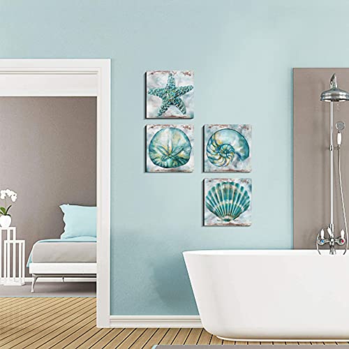 YOOOAHU Farmhouse Seashell Bathroom Decor Teal Blue Beach Starfish Wall Art Modern Rustic Coastal Artwork for Walls Watercolor Aqua Sea Conch Shells Pictures Canvas Print Bedroom Kitchen Decorations 12x12" 4P - Image 2