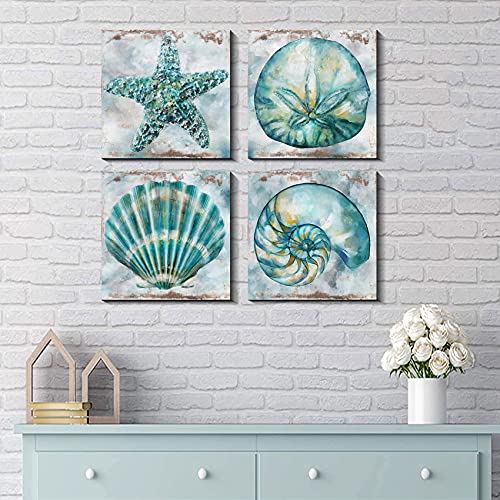 YOOOAHU Farmhouse Seashell Bathroom Decor Teal Blue Beach Starfish Wall Art Modern Rustic Coastal Artwork for Walls Watercolor Aqua Sea Conch Shells Pictures Canvas Print Bedroom Kitchen Decorations 12x12" 4P - Image 4