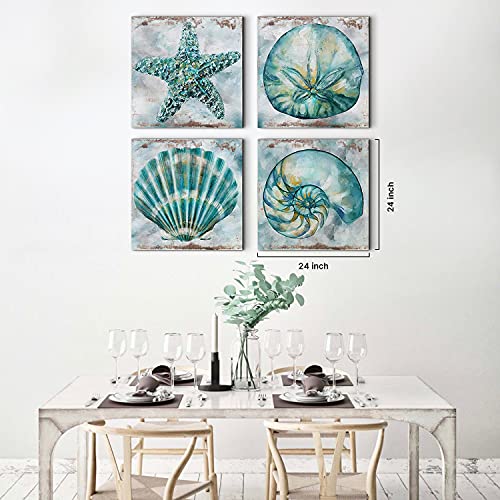 YOOOAHU Farmhouse Seashell Bathroom Decor Teal Blue Beach Starfish Wall Art Modern Rustic Coastal Artwork for Walls Watercolor Aqua Sea Conch Shells Pictures Canvas Print Bedroom Kitchen Decorations 12x12" 4P - Image 5