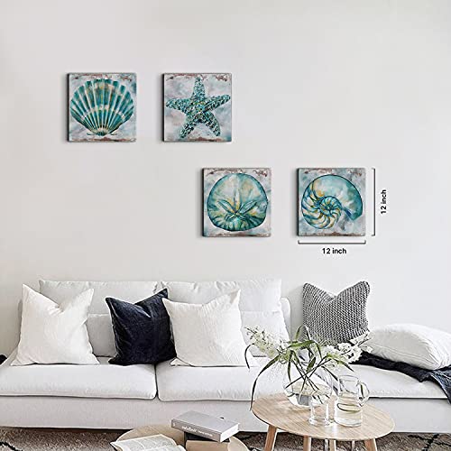 YOOOAHU Farmhouse Seashell Bathroom Decor Teal Blue Beach Starfish Wall Art Modern Rustic Coastal Artwork for Walls Watercolor Aqua Sea Conch Shells Pictures Canvas Print Bedroom Kitchen Decorations 12x12" 4P - Image 3