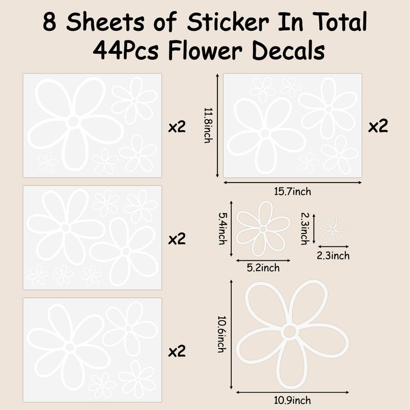 A1diee 8Pcs White Daisy Wall Sticker in Total 44 Pieces Vinyl Cute Flower Art Aesthetic Transparent Vinyl Peel and Stick Wall Decor for Christmas Window College Dorm Bedroom Living Room Decoration - Image 3