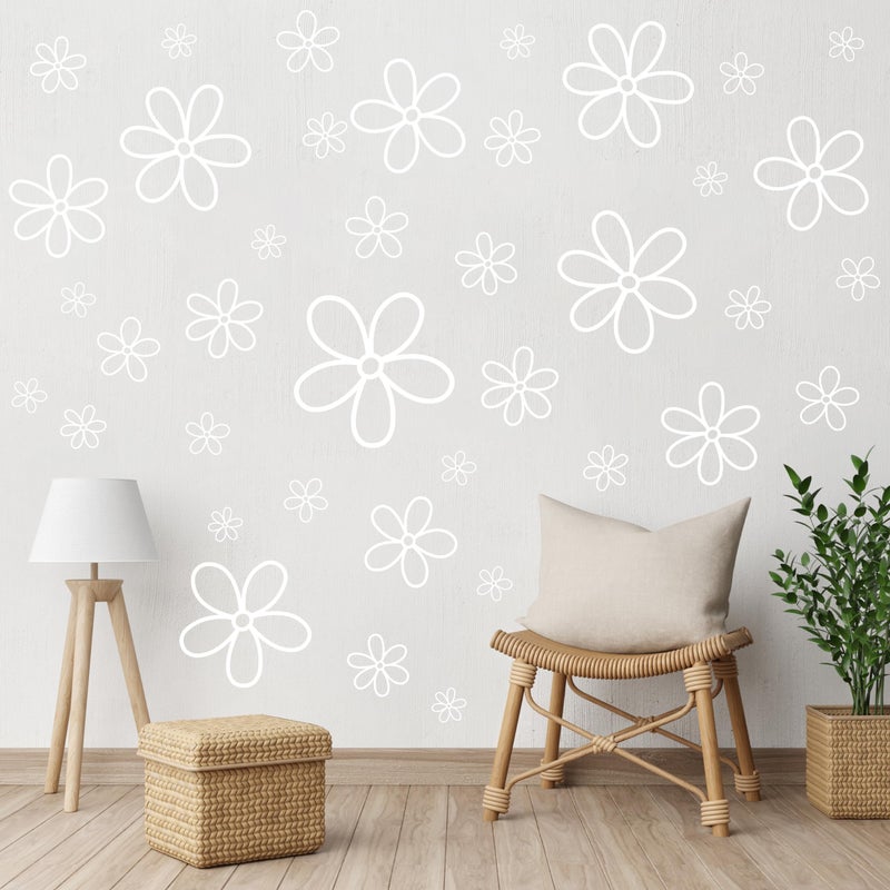 A1diee 8Pcs White Daisy Wall Sticker in Total 44 Pieces Vinyl Cute Flower Art Aesthetic Transparent Vinyl Peel and Stick Wall Decor for Christmas Window College Dorm Bedroom Living Room Decoration - Image 1