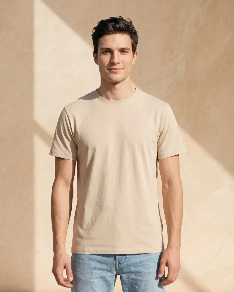 Redtag Men Beige Basic Solid T-Shirt