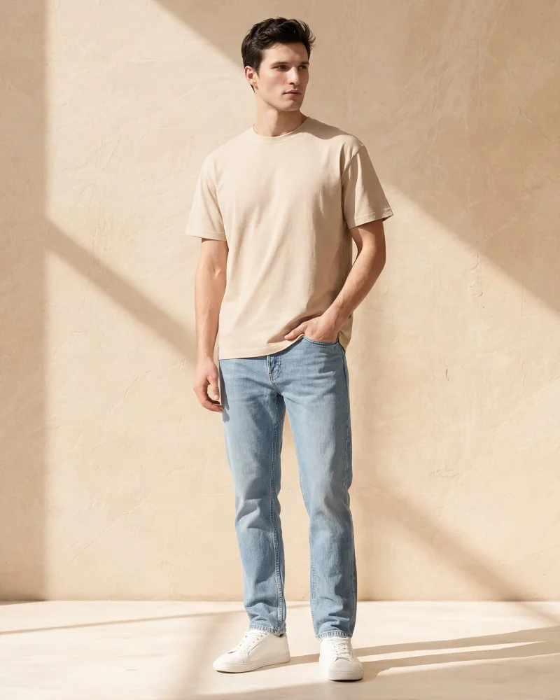 Redtag Men Beige Basic Solid T-Shirt