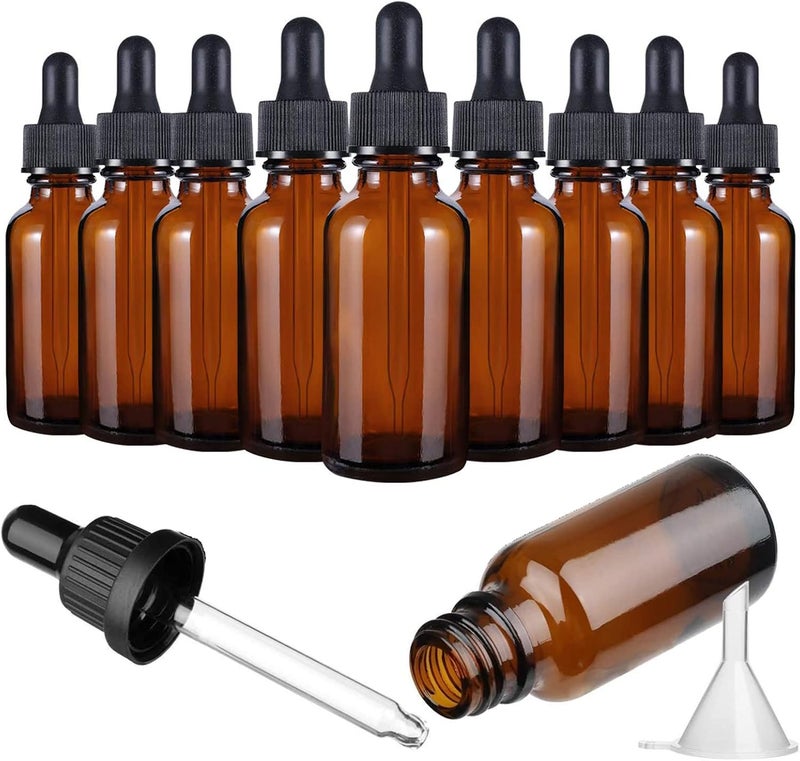 AJIODA Eye Dropper Bottle, 10 Pack 10ml Amber Glass Bottles with Glass Eye Dropper Dispenser & Funnels for Essential Oils, Chemistry Lab Chemicals, Colognes & Perfumes - Image 1