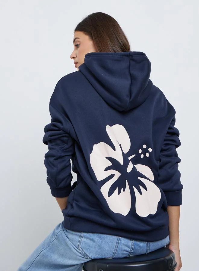 Take Two Take Two Navy Blue Floral Print Hoodie