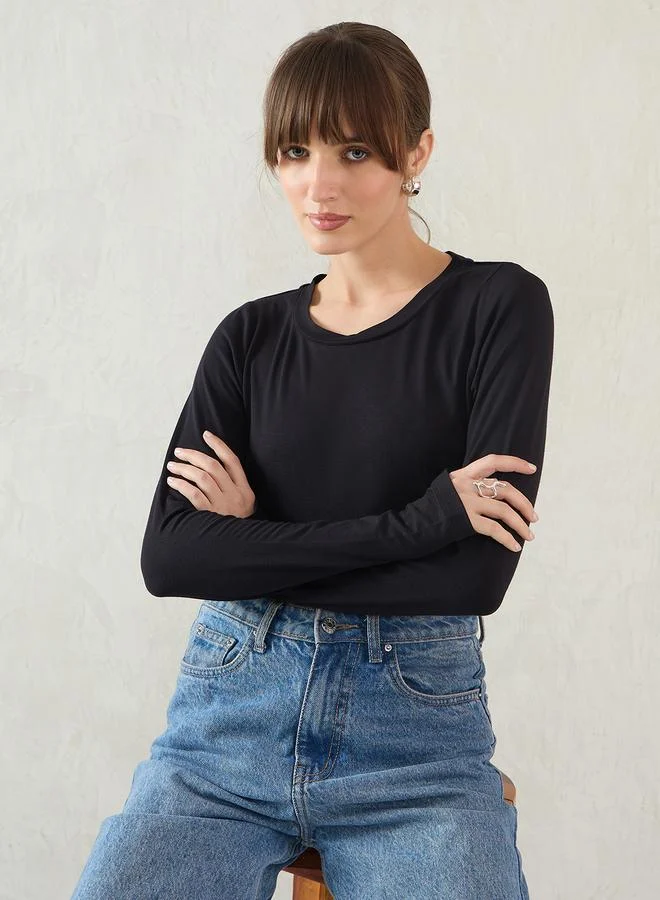 Femmella Black Long Sleeve Knit Crew Neck T-Shirt