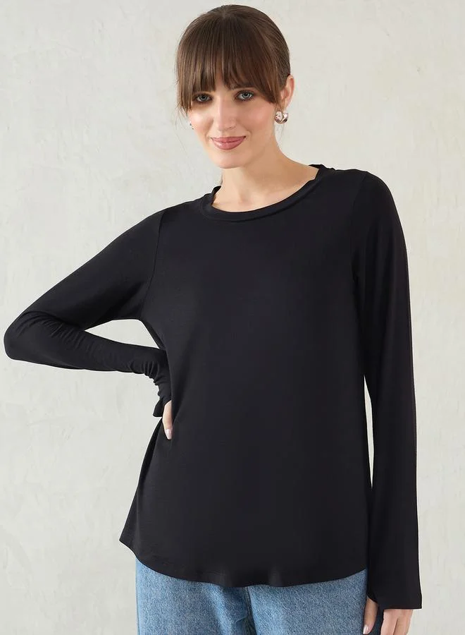 Femmella Black Long Sleeve Knit Crew Neck T-Shirt