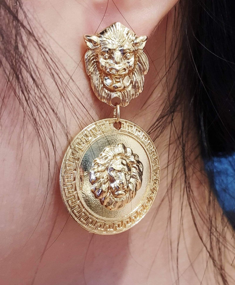 Doubnine Lion Head Earrings Big Coin Gold Circle Dangle Baroque Animal Earrings Vintage 80's Women Accessories Gift - Image 2