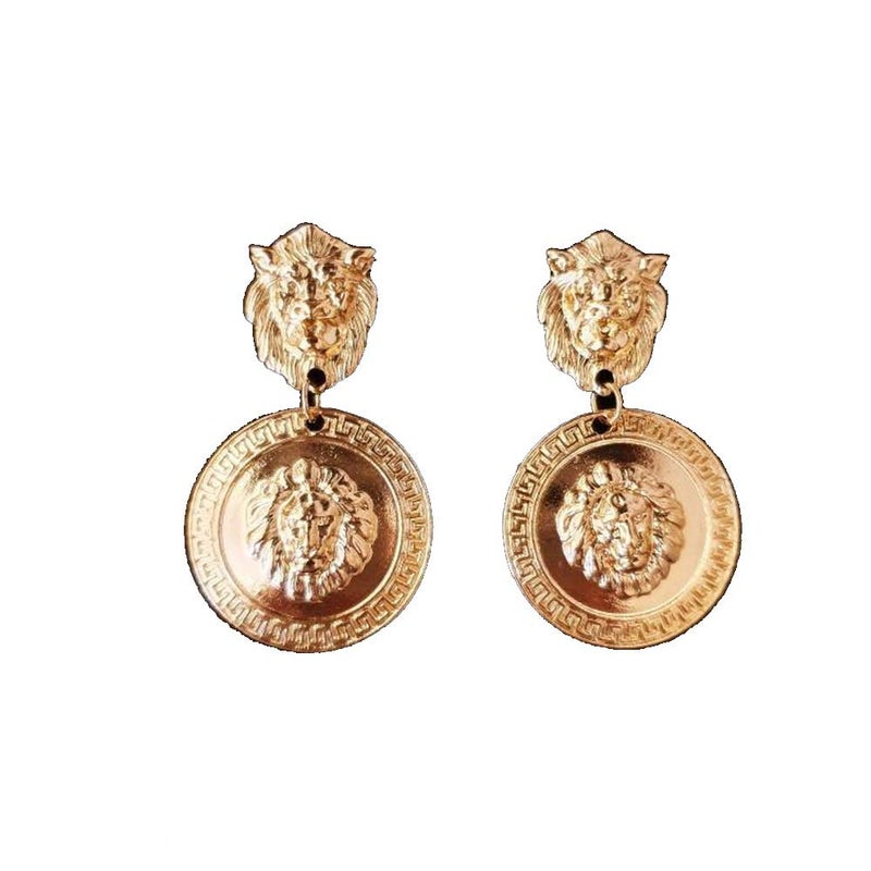 Doubnine Lion Head Earrings Big Coin Gold Circle Dangle Baroque Animal Earrings Vintage 80's Women Accessories Gift - Image 1