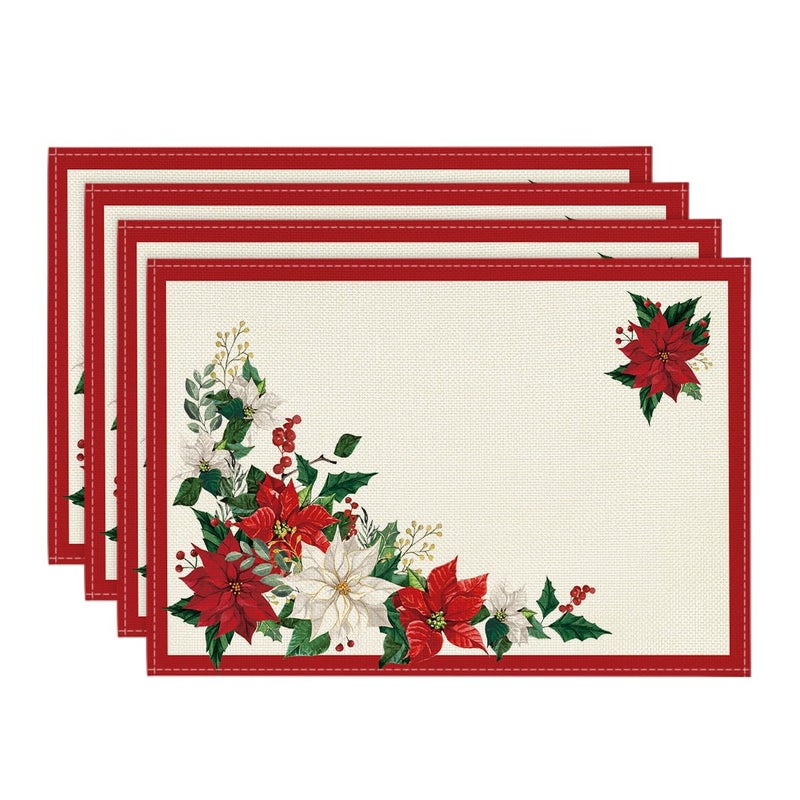 Artoid Mode Beige Leaves Poinsettia Round Placemats Set of 4 14 Inch Christmas Round Table Mats for Dining Decoration