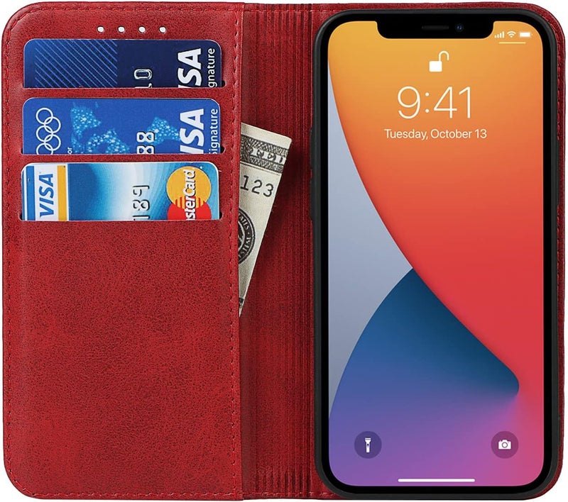 iCoverCase for iPhone 13 Pro Wallet Case with Card Holder, PU Leather Magnetic Kickstand Feature Shockproof Protective Flip Cover Case - Red - Image 2