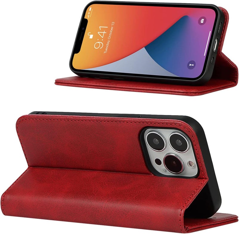 iCoverCase for iPhone 13 Pro Wallet Case with Card Holder, PU Leather Magnetic Kickstand Feature Shockproof Protective Flip Cover Case - Red - Image 3