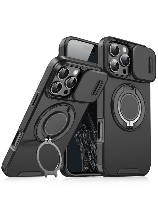 إكس ليفيل X-level X-level لحافظة iPhone 17 ، غطاء بلاستيكي صلب ، متوافق مع ملحقات MagSafe ، مع حامل هاتف بحلقة قبضة ومسند/غطاء كاميرا منزلق ، حافظة خلفية واقية ، أسود - Image 1