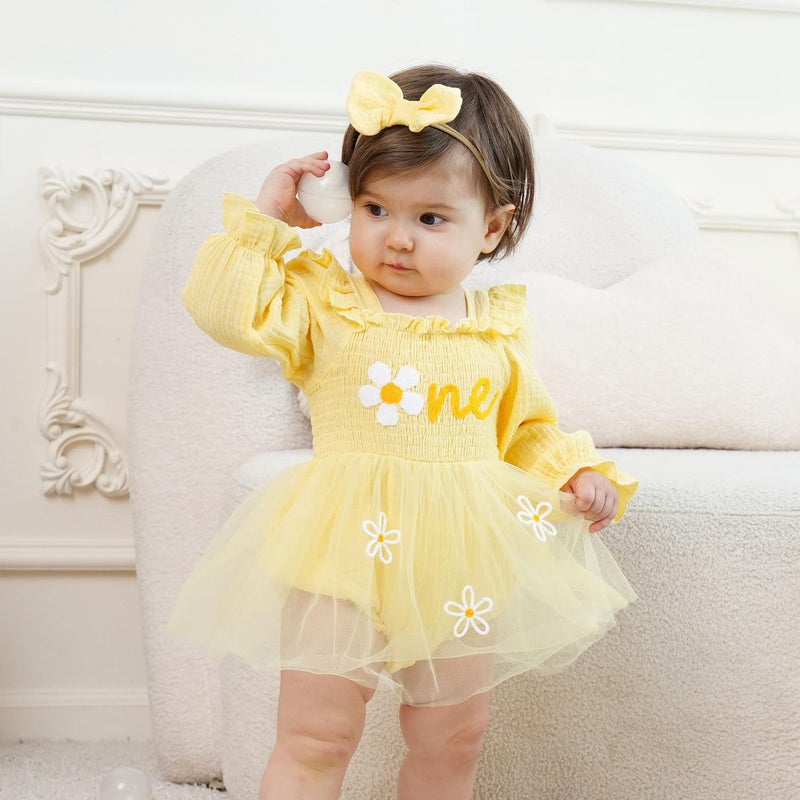HONGTEYA Baby Girl 1st Birthday Outfit First Birthday Gifts Long Sleeve Tulle Dress One Year Old Bodysuit Clothes Yellow Flower - Image 5