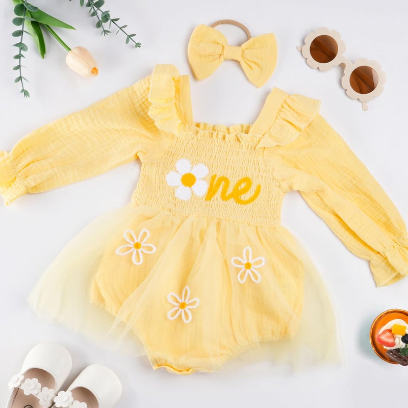 HONGTEYA Baby Girl 1st Birthday Outfit First Birthday Gifts Long Sleeve Tulle Dress One Year Old Bodysuit Clothes Yellow Flower - Image 4