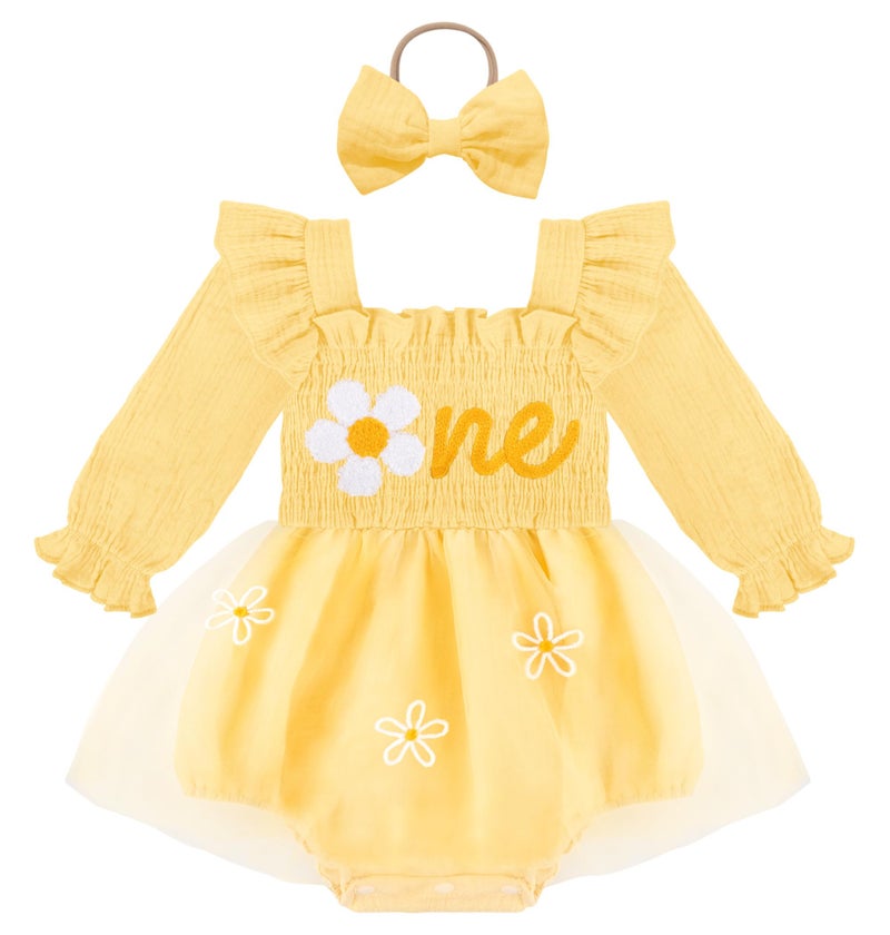 HONGTEYA Baby Girl 1st Birthday Outfit First Birthday Gifts Long Sleeve Tulle Dress One Year Old Bodysuit Clothes Yellow Flower - Image 1