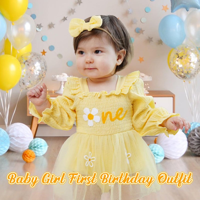 HONGTEYA Baby Girl 1st Birthday Outfit First Birthday Gifts Long Sleeve Tulle Dress One Year Old Bodysuit Clothes Yellow Flower - Image 2