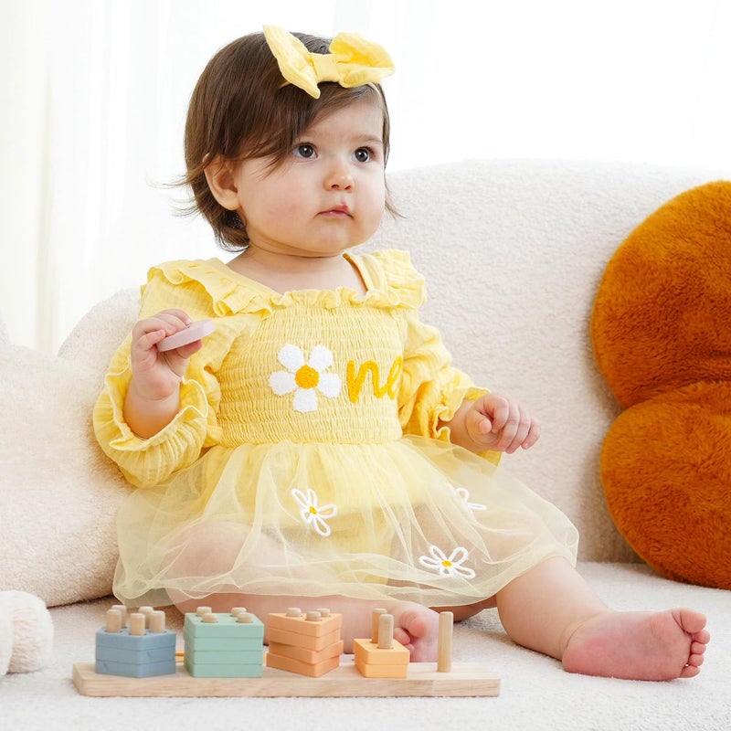 HONGTEYA Baby Girl 1st Birthday Outfit First Birthday Gifts Long Sleeve Tulle Dress One Year Old Bodysuit Clothes Yellow Flower - Image 3