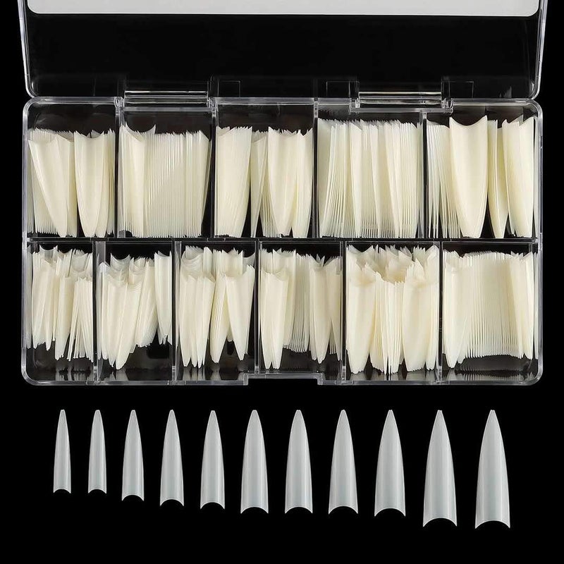 YIMART 500pcs Acrylic Medium Long Stiletto Nail Tips Easy Coffin Nails Sharp False Nail Art Tips For Nails Salon With Box (Natural) - Image 1