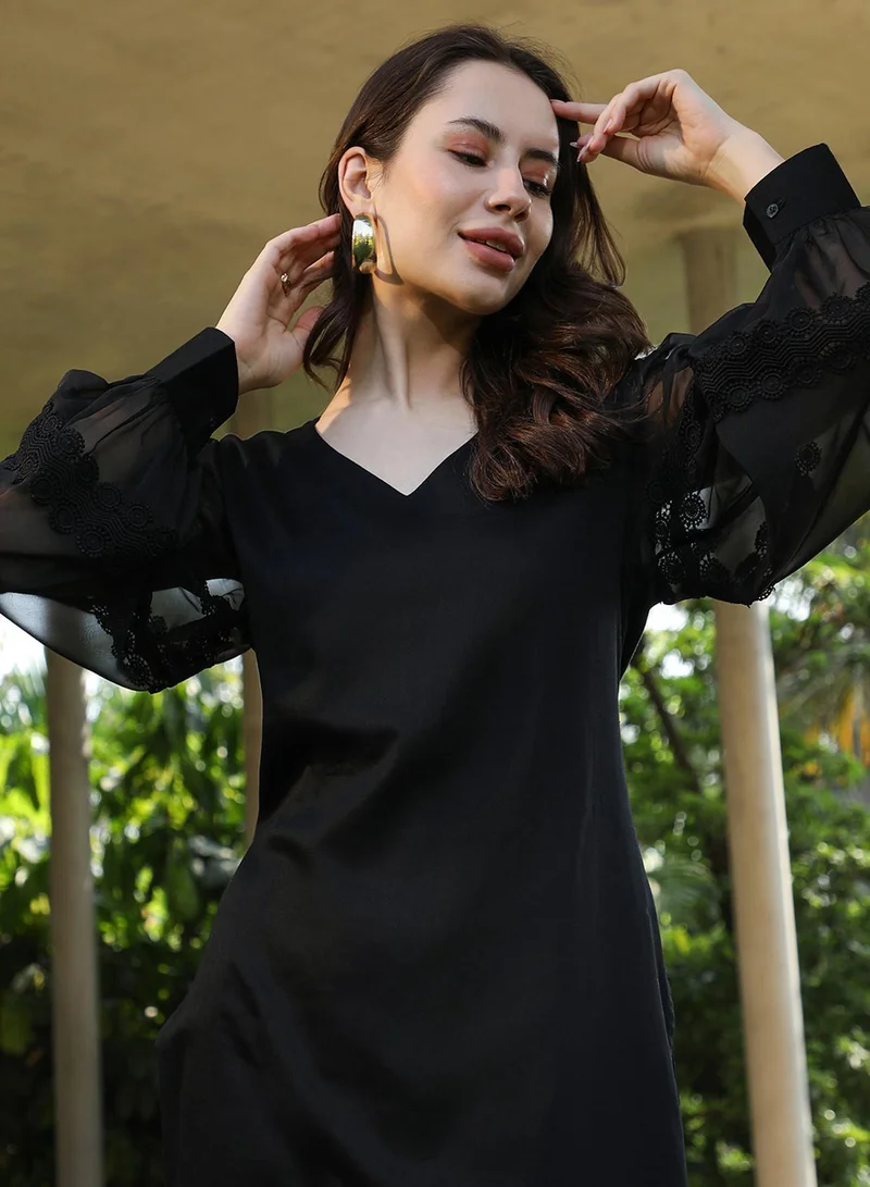 QISSA  Women's Onyx Black Solid Flared Kurta Set for Women | Best Price UAE