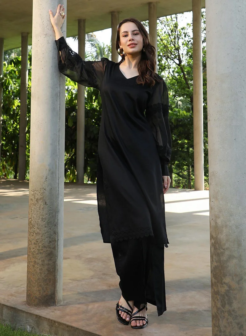 QISSA  Women's Onyx Black Solid Flared Kurta Set for Women | Best Price UAE