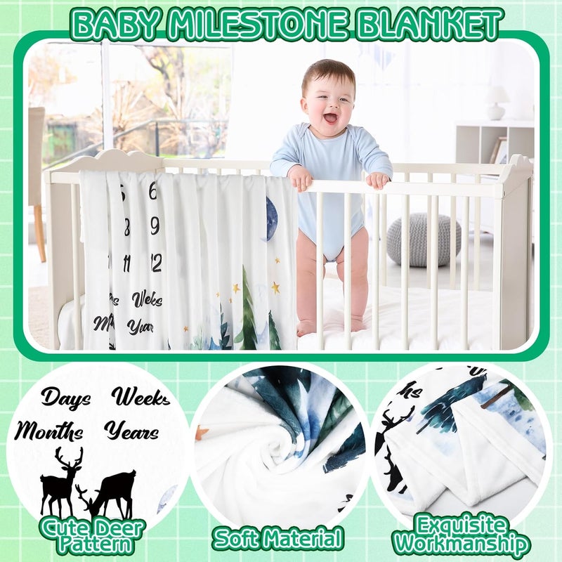 Guiqulai Baby Monthly Milestone Blanket for Boy Girl Deer Woodland Gender Neutral Baby Age Milestone Blanket Photography Background Prop with Bibs Wooden Signs Felt Circle - Image 3