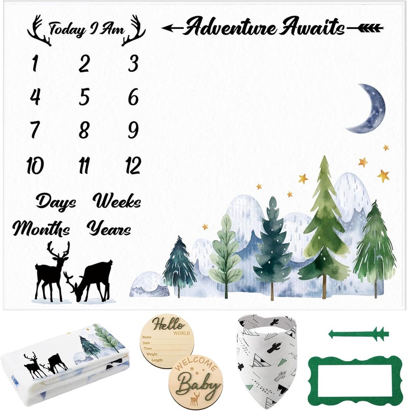 Guiqulai Baby Monthly Milestone Blanket for Boy Girl Deer Woodland Gender Neutral Baby Age Milestone Blanket Photography Background Prop with Bibs Wooden Signs Felt Circle - Image 1