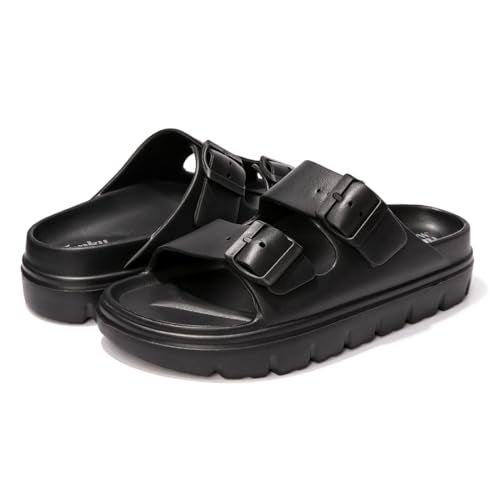 FUNKYMONKEY EVA Slides for Women Thick-sole Adjustable Double Buckle Waterproof Platform Sandals (8 M US, Black/HDSPK) - Image 4