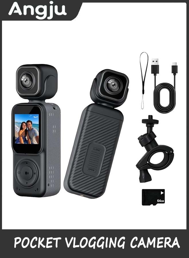 Angju 4K Pocket Vlogging Camera with Dual Screen & 3-Axis Gimbal Stabilizer, Handheld Portable Video Camera with WiFi, Face Tracking, 270° Rotation & 64GB SD Card - Image 1