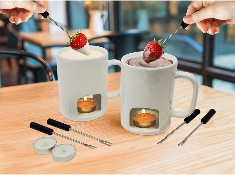 KOVOT Kovot Personal Fondue Mugs Set of 2  Ceramic Mugs for Chocolate or Cheese  Includes Forks and Tealights Double Vented White  - Image 5