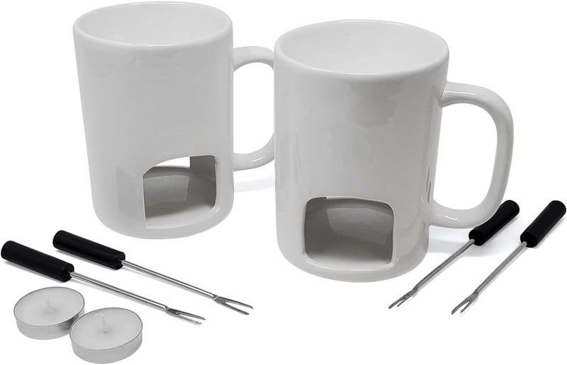KOVOT Kovot Personal Fondue Mugs Set of 2  Ceramic Mugs for Chocolate or Cheese  Includes Forks and Tealights Double Vented White  - Image 2